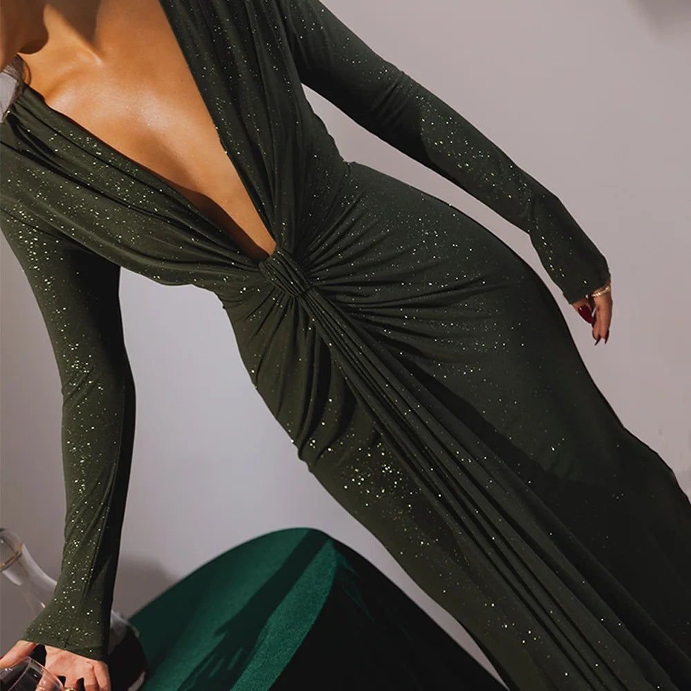 Elastic Deep V-Fold Lace Maxi Dress Mssaz Desses