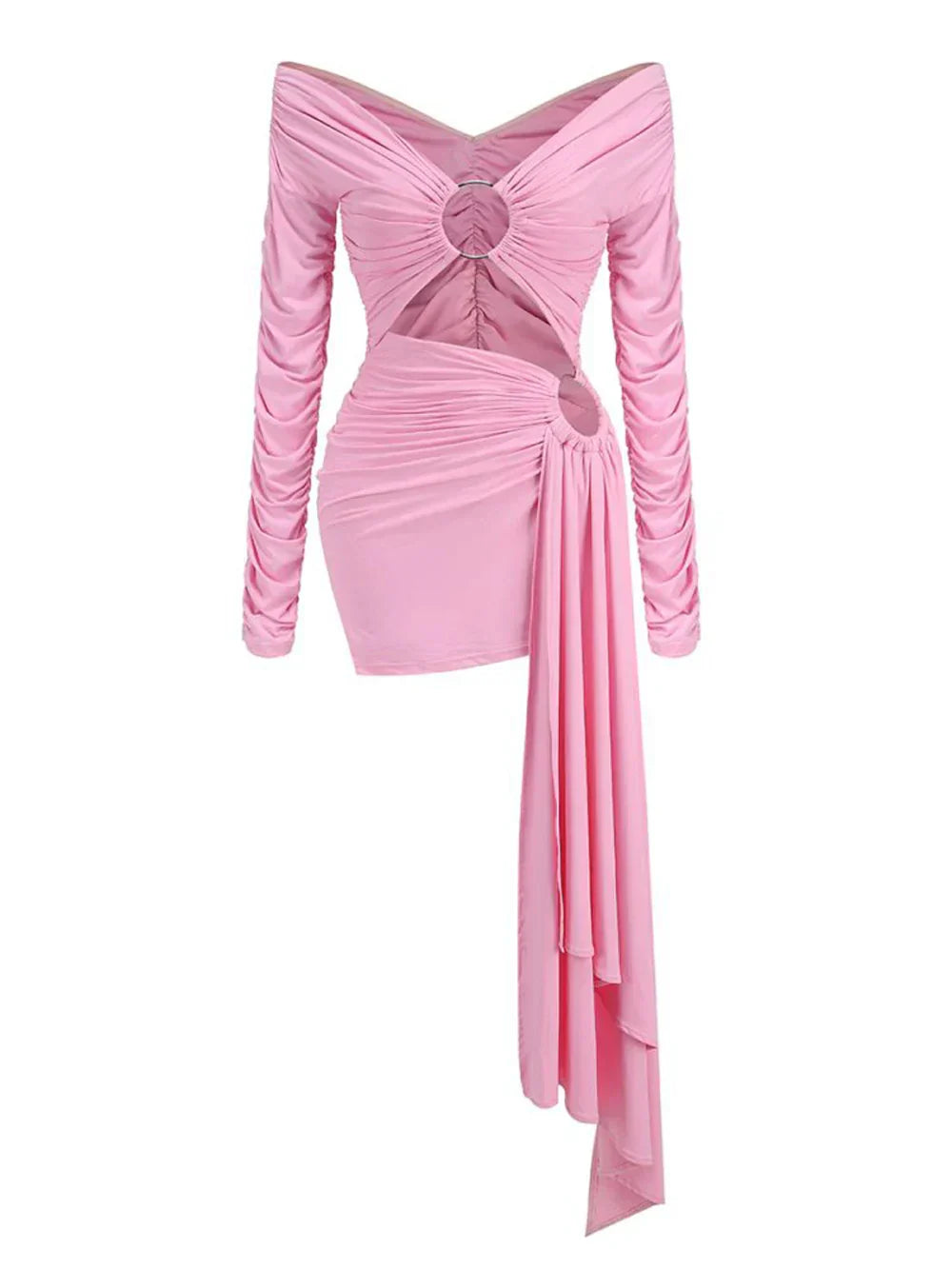 Pink Hollow Out Long Sleeved V-Neck Mini Dress Mssaz Desses