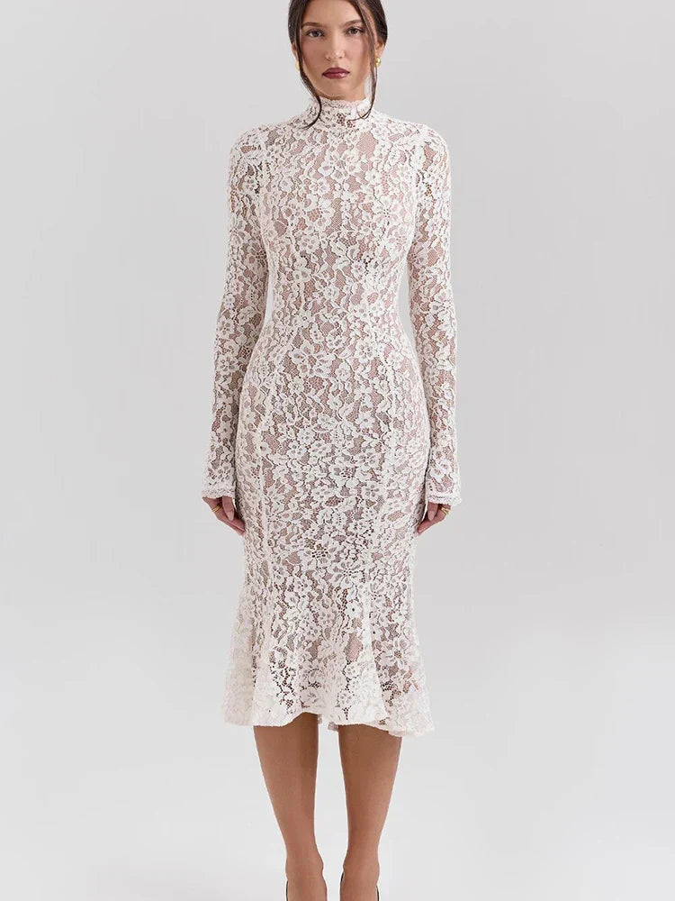 Lace White Long Sleeve Turtleneck Dress Mssaz Desses