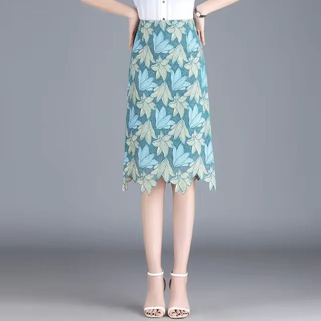 Elegant 3D Leaves Embroidery Patchwork Crochet Lace Midi Pencil Skirt Mssza