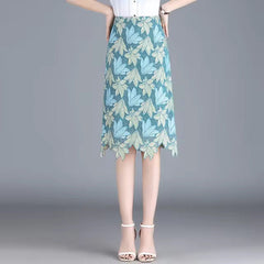 Elegant 3D Leaves Embroidery Patchwork Crochet Lace Midi Pencil Skirt Mssza
