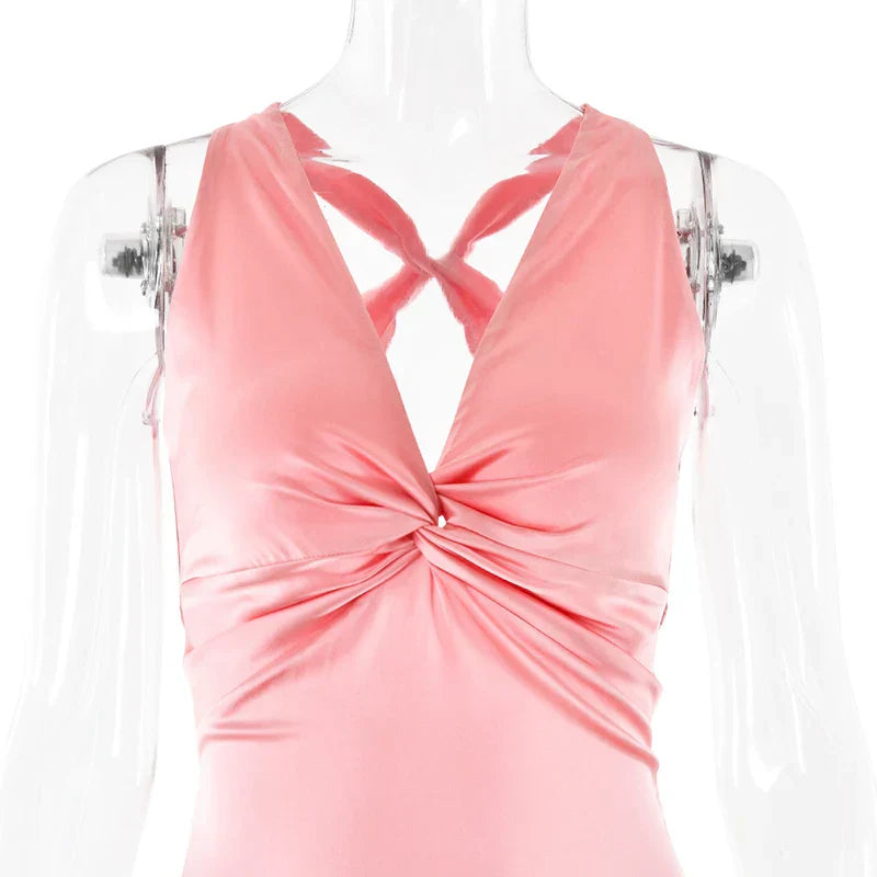 V Neck Sleeveless Satin Bow Backless Maxi Dress Mssaz Desses