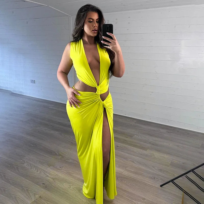 Deep V Cut Out Slit Asymmetrical Long Dress Mssaz Desses