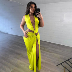 Deep V Cut Out Slit Asymmetrical Long Dress Mssaz Desses
