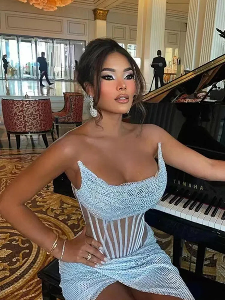 Strapless Mesh Sequins Ruffles Maxi Dress Mssaz Desses