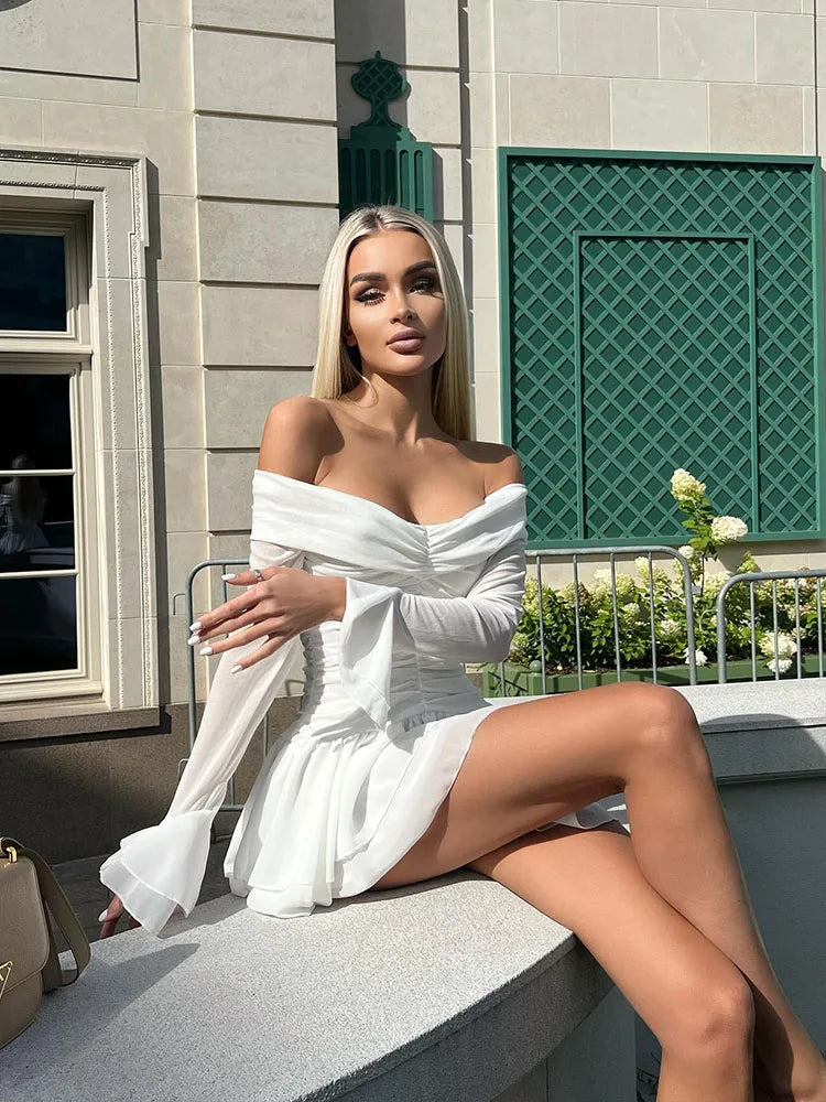 Solid Folds Long Flare Sleeves White Mini Dress Mssaz Desses