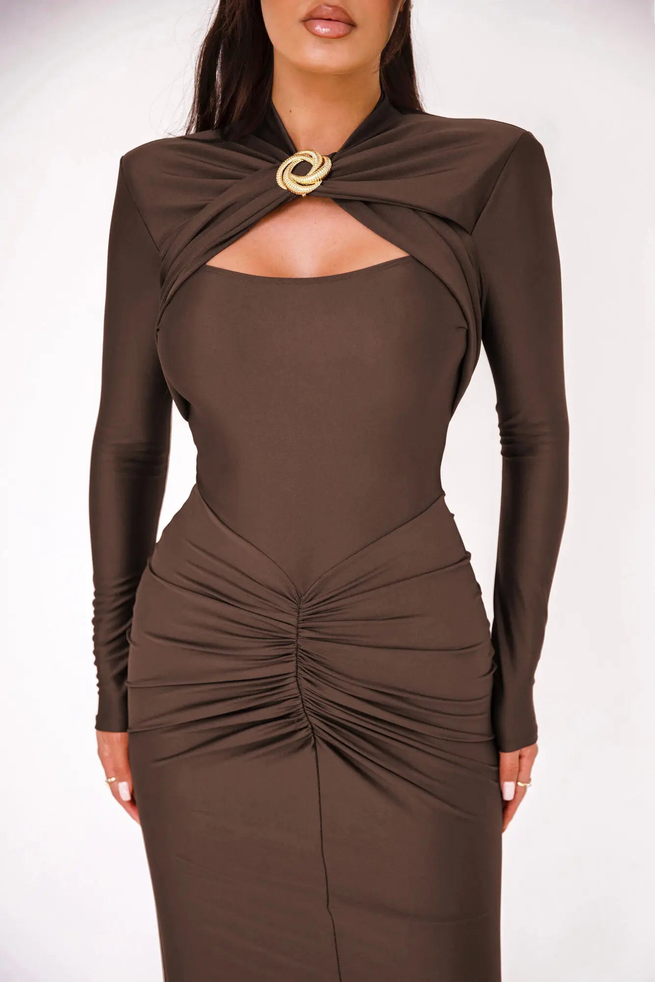 Long Sleeved Pleated Hollowed Out Maxi Dress Mssaz Desses