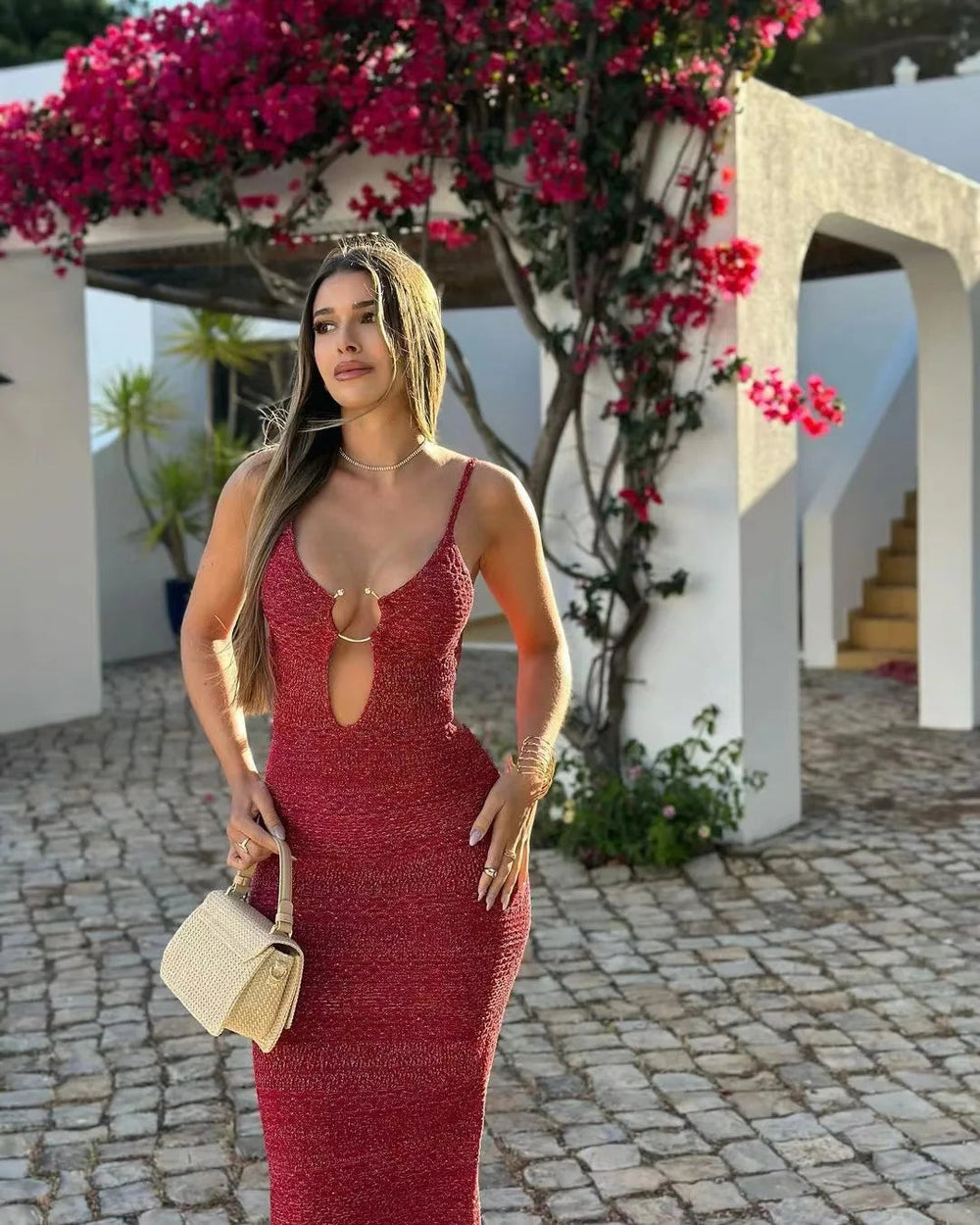 Shiny Silk Knit Metal Ring Bodycon Dress Mssaz Desses