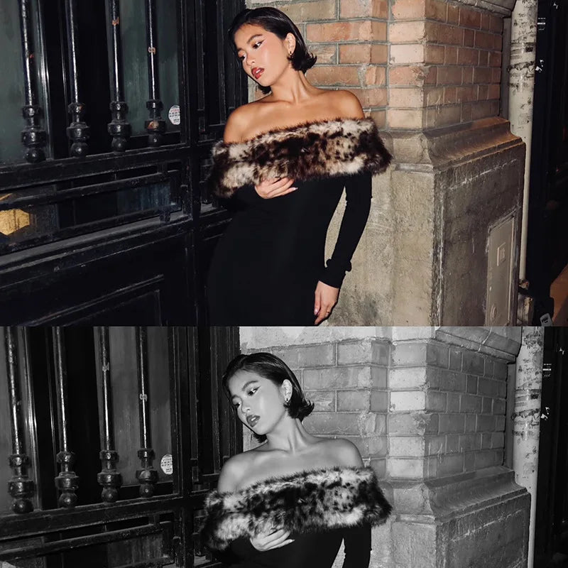 Leopard Print Fluff Splicing Maxi Dress Mssaz Desses