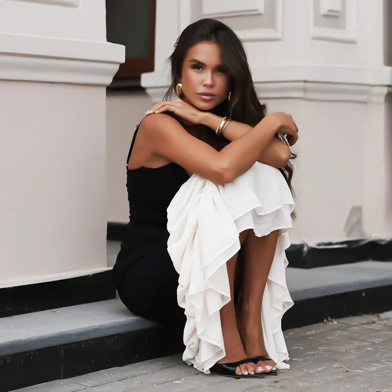 Black Strap White Frill Patchwork Maxi Dress Mssaz Desses