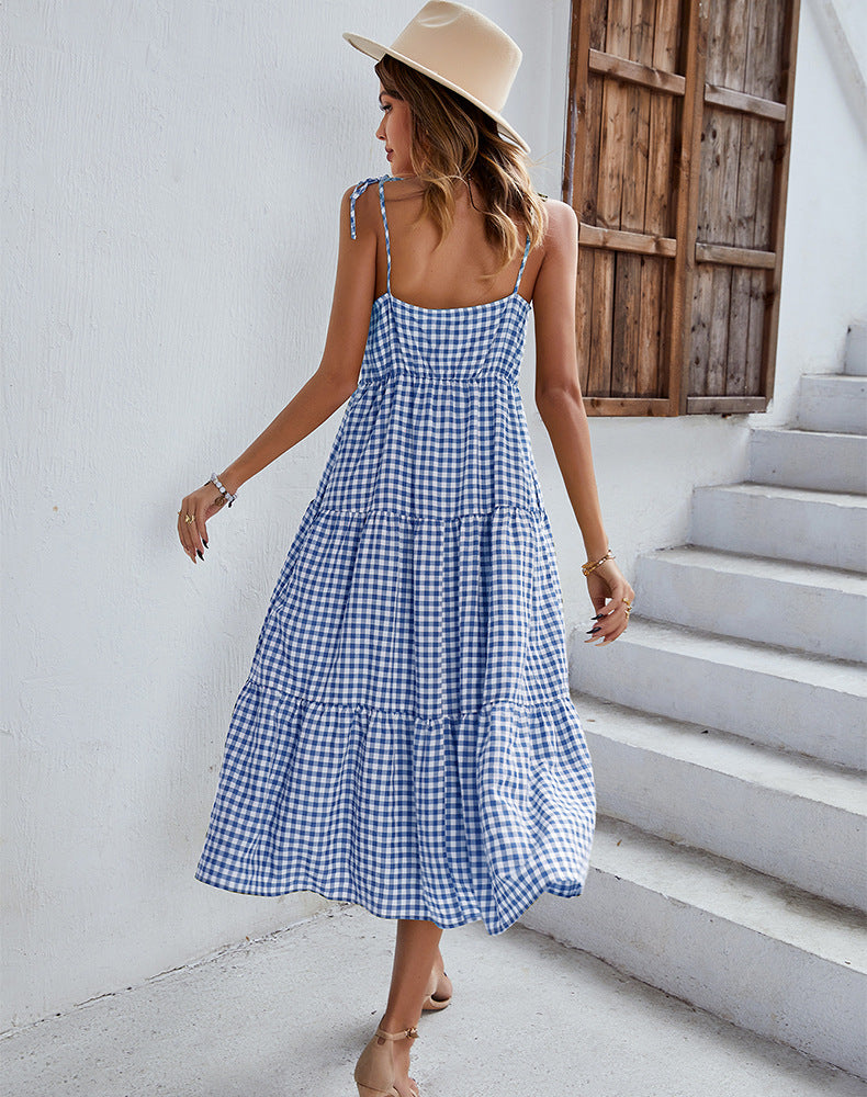 Boho Plaid Backless Casual Ruffles Party Beach Sundress Mssaz Desses