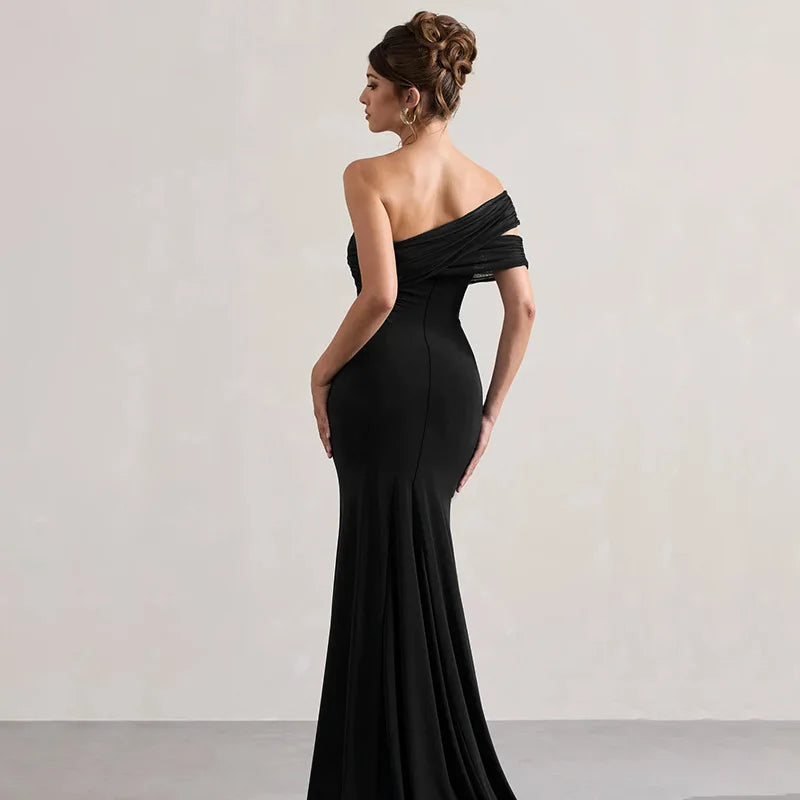 Solid One Shoulder Mesh Slit Long Dress Mssaz Desses