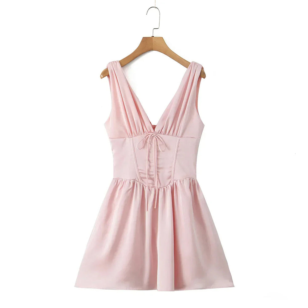 Stain Pleated Ruched Strap Bow Folds Hem Mini Dress Mssaz Desses