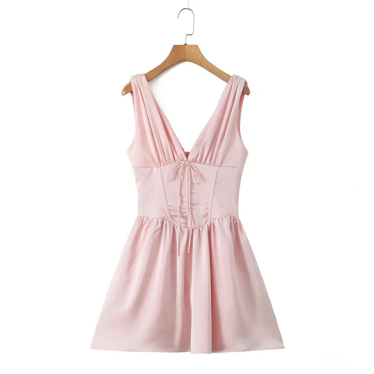 Stain Pleated Ruched Strap Bow Folds Hem Mini Dress Mssaz Desses