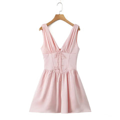 Stain Pleated Ruched Strap Bow Folds Hem Mini Dress Mssaz Desses
