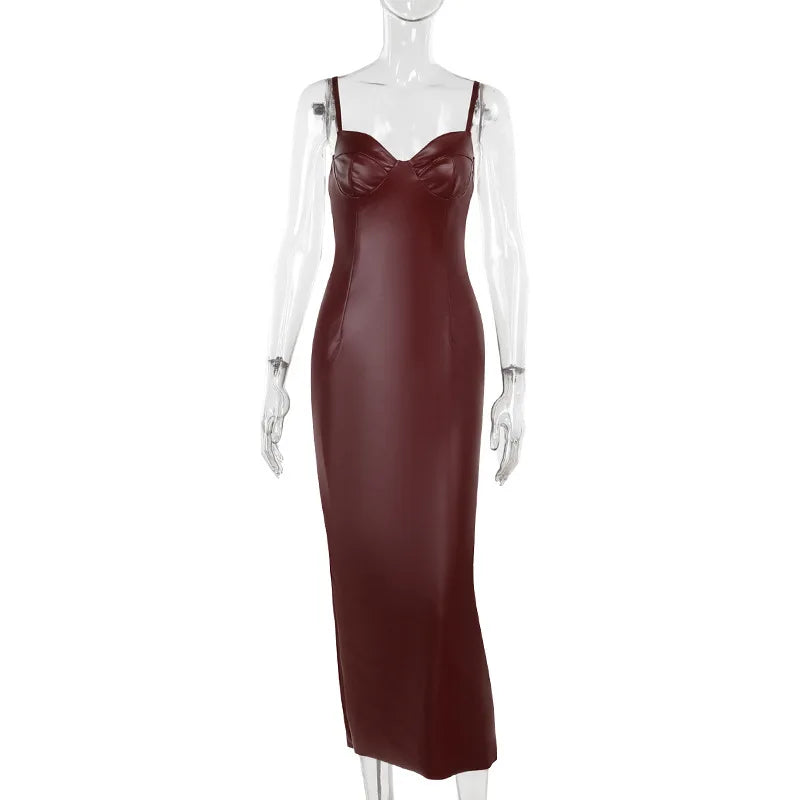 Solid PU Leather Splicing Strap Dress Mssaz Desses