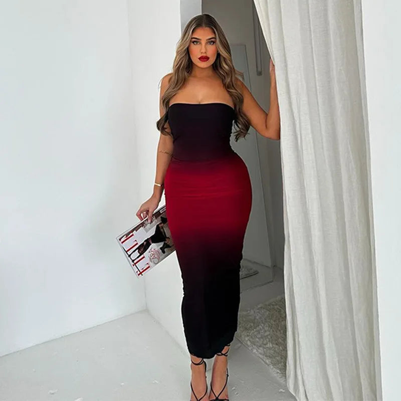 Strapless Black-Red Gradient Long Dress Mssaz Desses