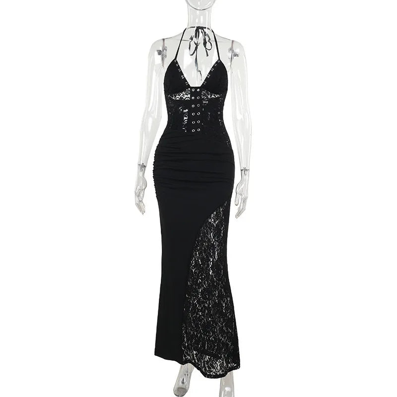Deep V Halter Backless Maxi Party Dress Women Mssaz Desses