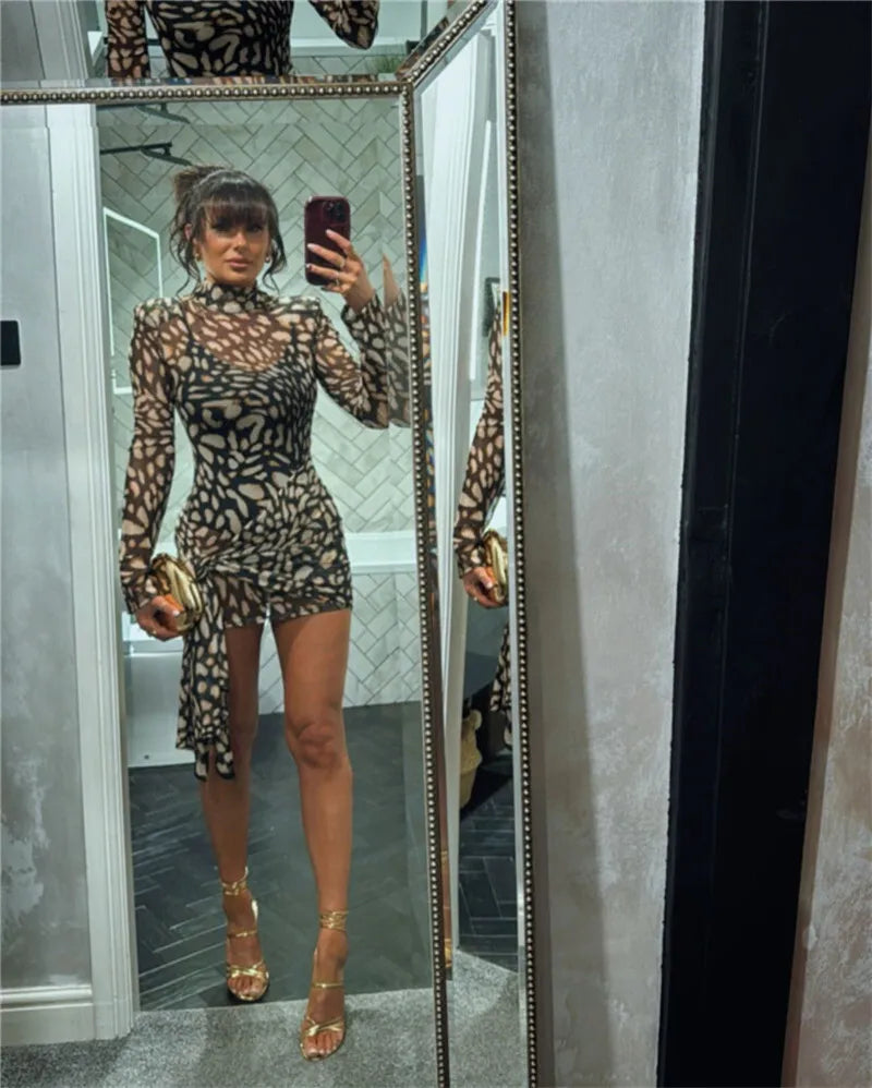 Mesh Leopard Print Turtleneck Mini Dress Mssaz Desses