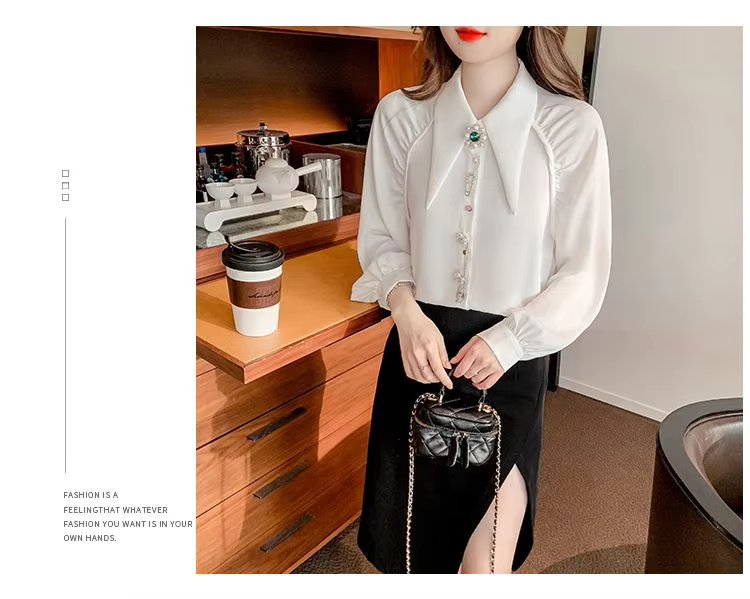 Beading Diamonds Korean Single-breasted  Elegant Lapel Shirt Mssza