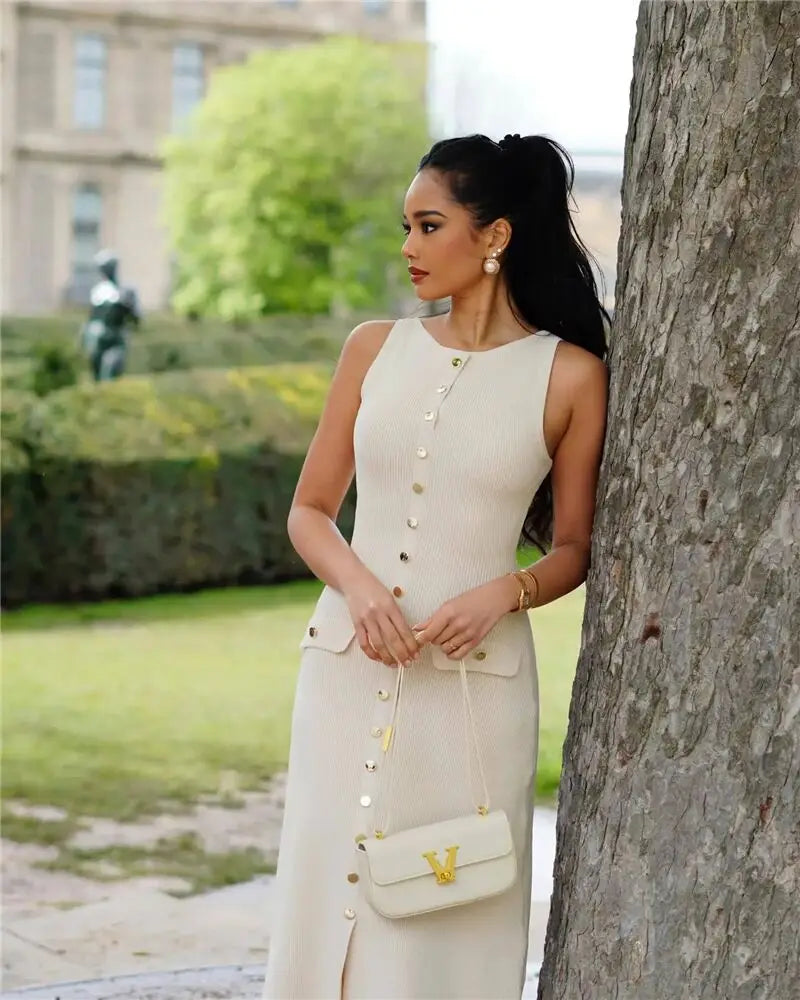 Knit Maxi Dress with Pockets Button-Front Mssaz Desses