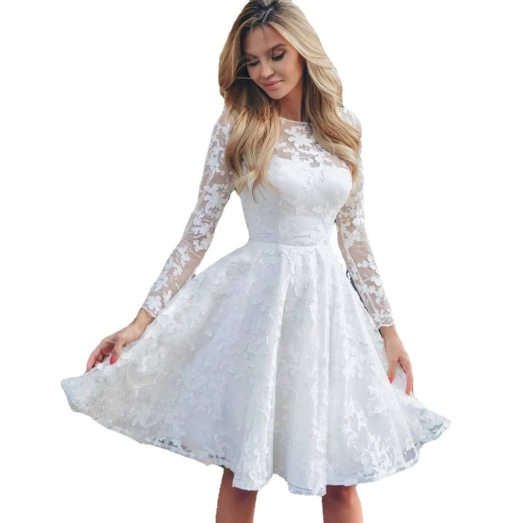 White Lace Hook Flower Hollow Patchwork Boho Long Sleeve Dresses Wedding Party Mssaz Desses