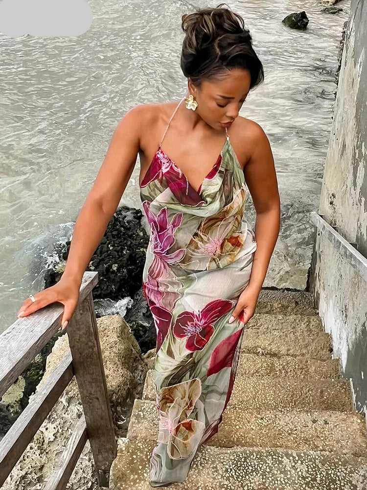 Floral Print Backless Halter Dress with Split for Women Mssaz Desses