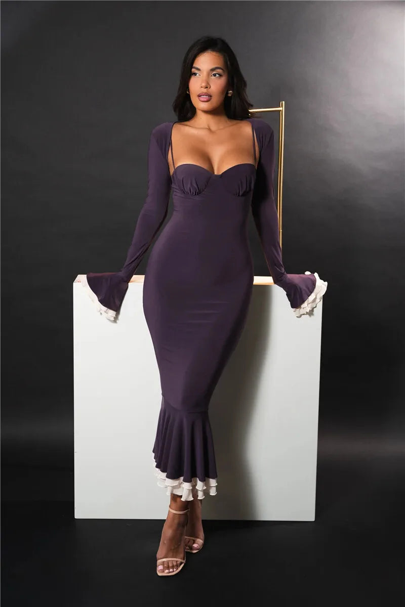 Patchwork Square Collar Evening Fishtail Dress Mssaz Desses