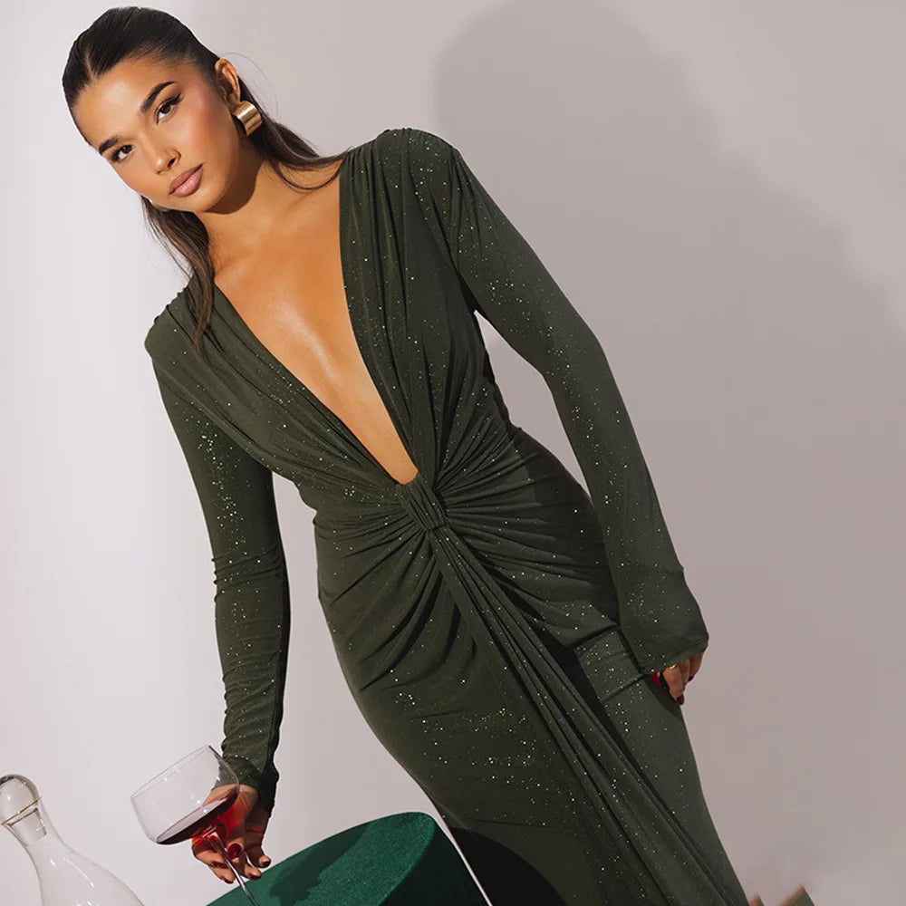 Elastic Deep V-Fold Lace Maxi Dress Mssaz Desses
