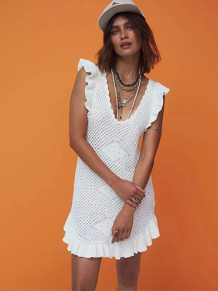 Ruffled Crochet Hollow Out Knit Beach Mini Dress Mssaz Desses