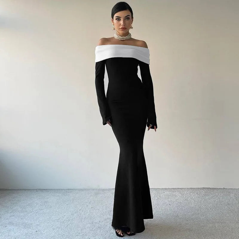 Black & White Off-the-Shoulder Maxi Dress with Long Sleeves Mssaz Desses