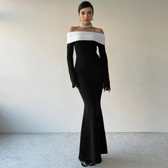 Black & White Off-the-Shoulder Maxi Dress with Long Sleeves Mssaz Desses