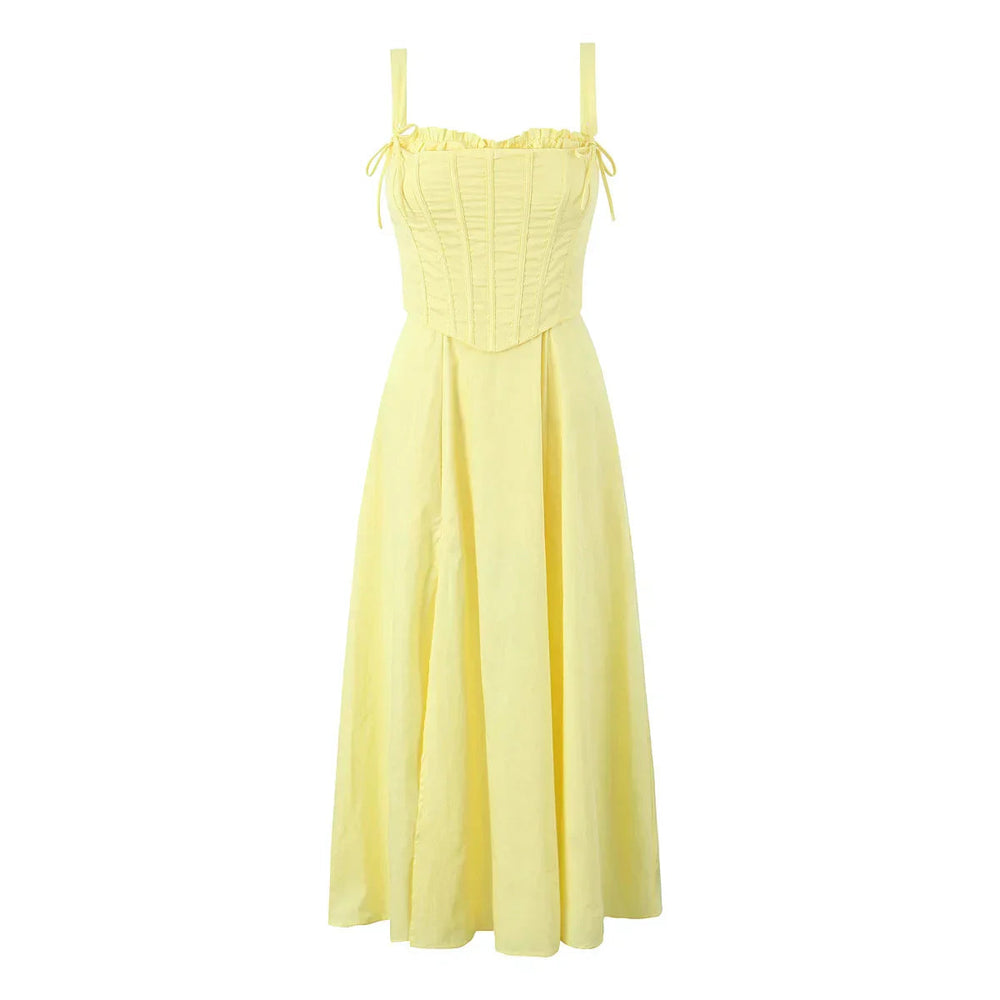 Yellow Slit Midi Dress and Cross Lacing up Top Set Mssaz Desses