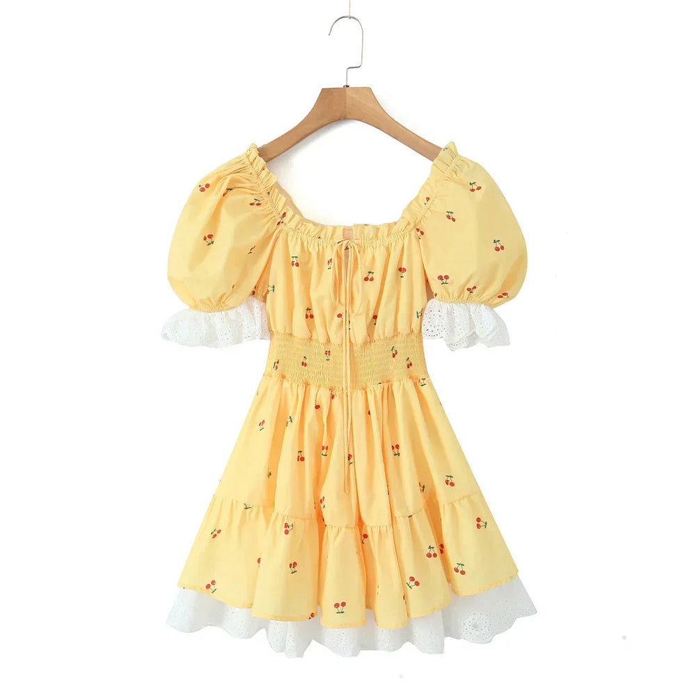 Print Puff Sleeve Ruffles Lace-up Mini Dress Mssaz Desses