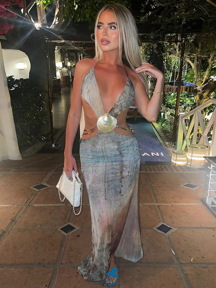 Backless Split Abstract Printed Mesh Sheer Dress Mssaz Desses