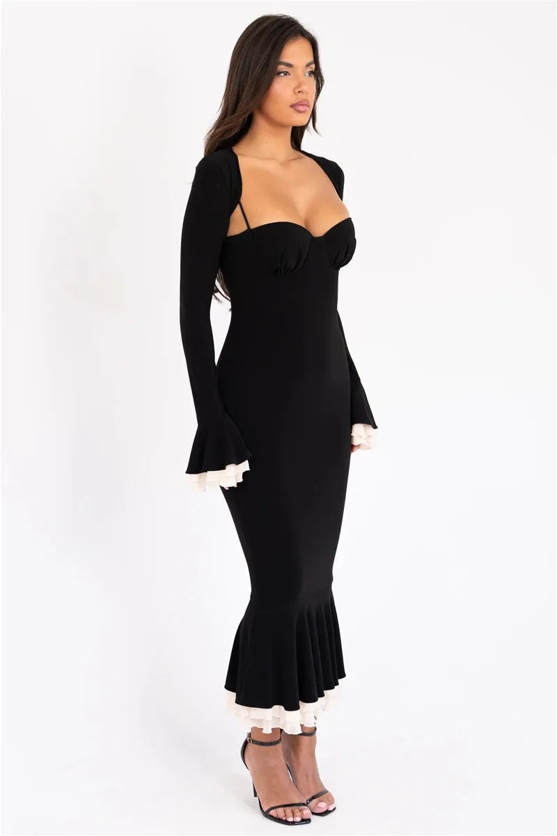 Patchwork Square Collar Evening Fishtail Dress Mssaz Desses