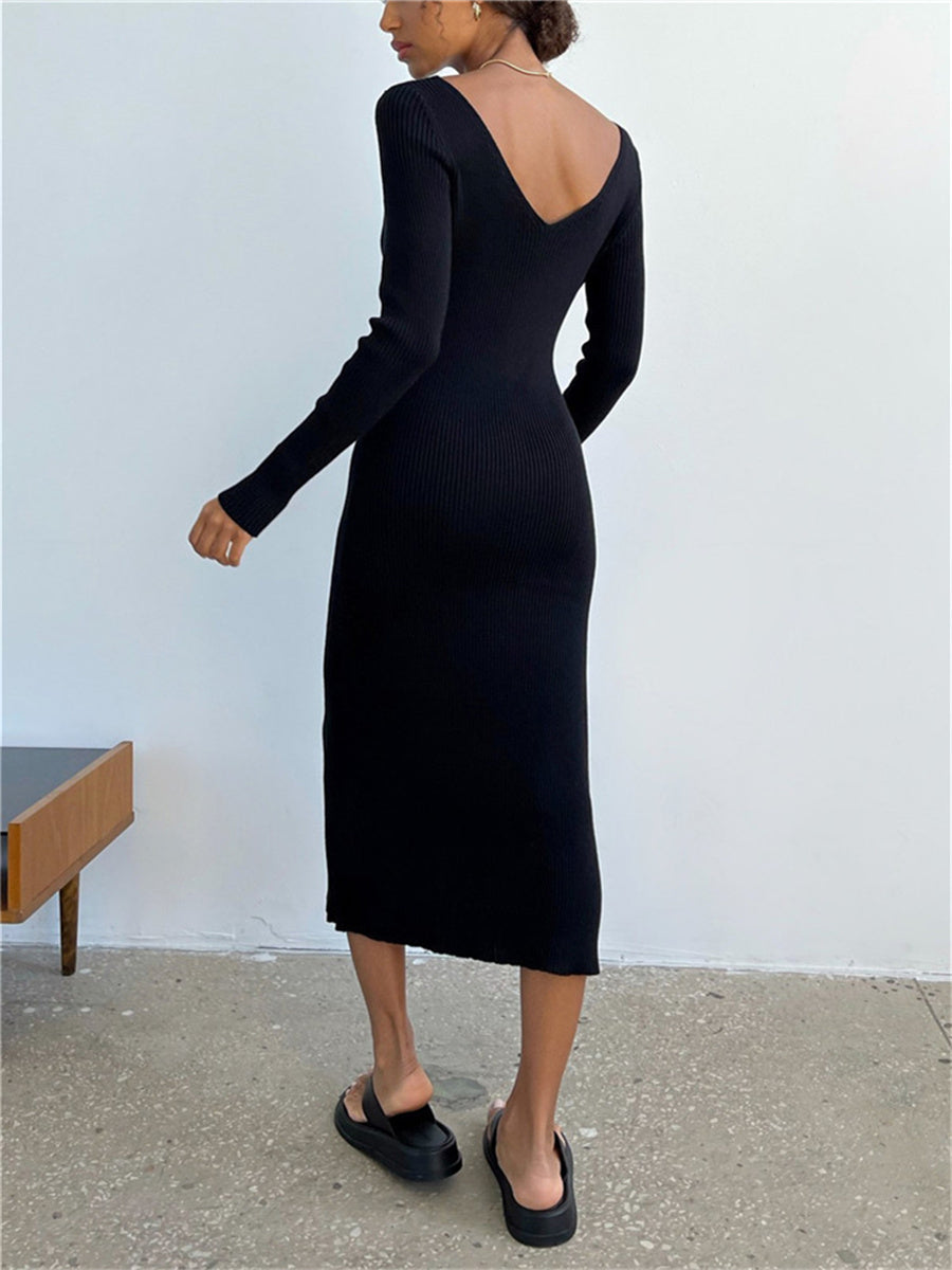 V-Neck Backless Knit Rib Wrap Midi Pencil Dress Mssaz Desses