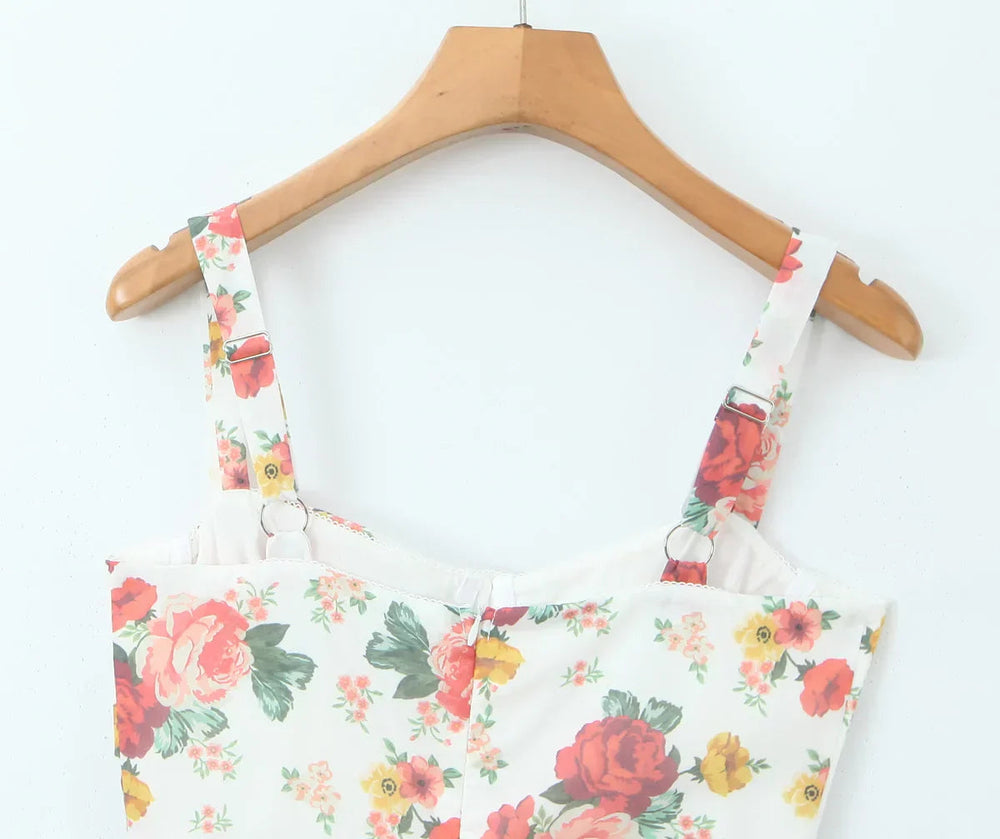 Flower Print Corset Style Ruffles Hem Midi Dress Mssaz Desses