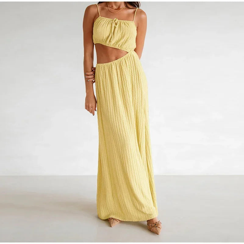 Lace Up Solid Color Open Back Long Dress Mssaz Desses