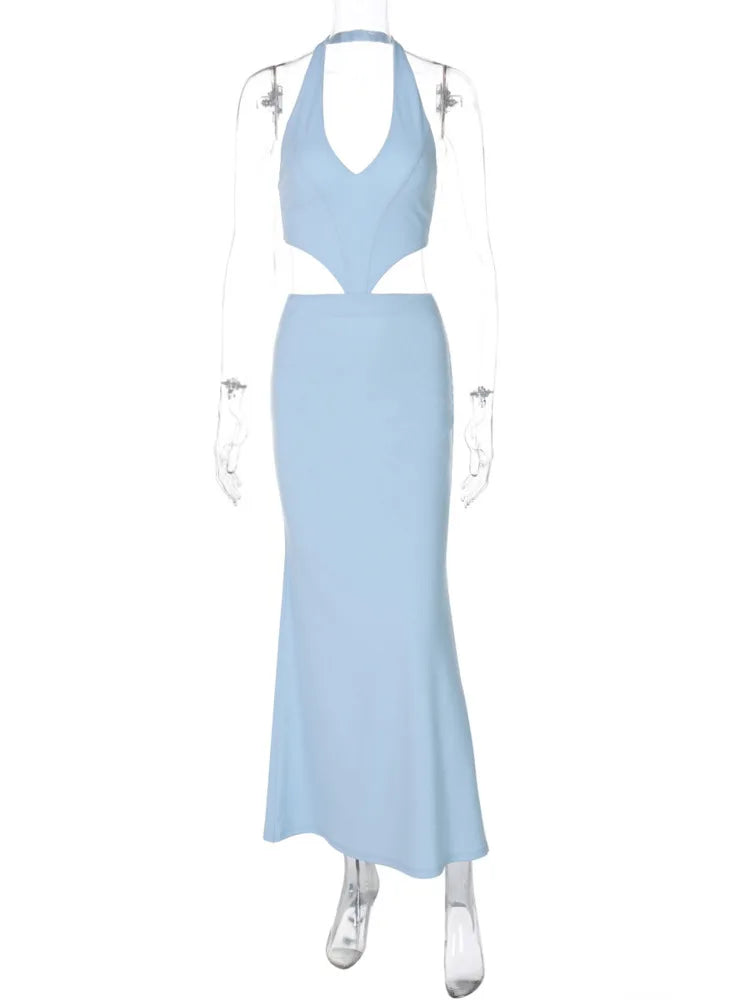 Halter Backless Blue Lace-up Maxi Dress Mssaz Desses