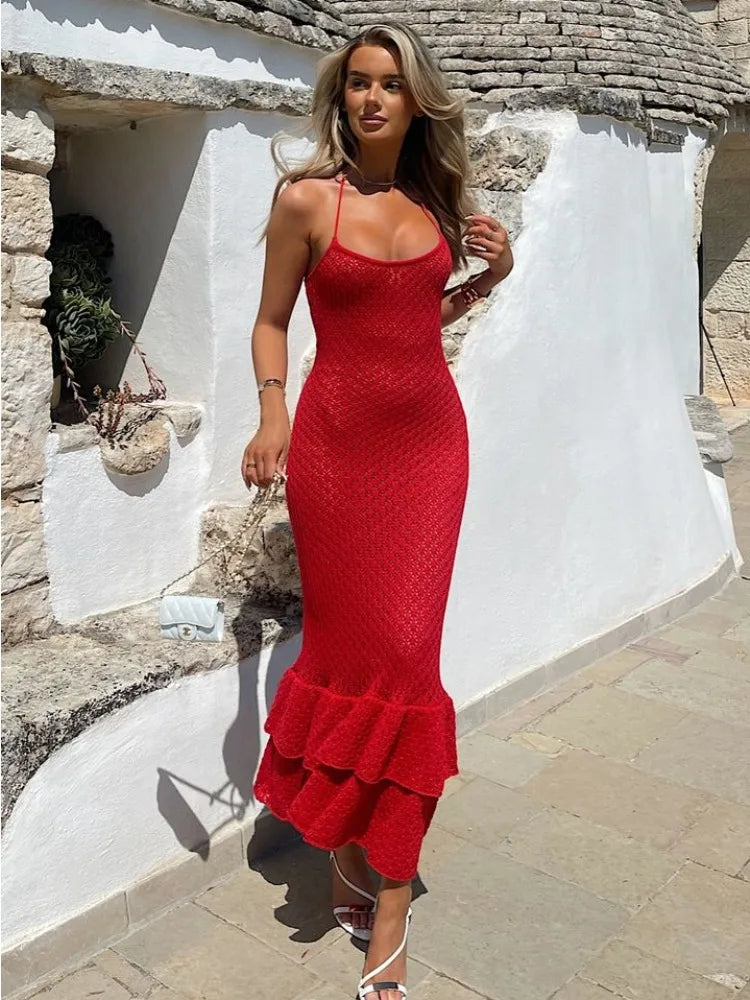 Crochet Maxi Dress with Ruffle Trim Mssaz Desses