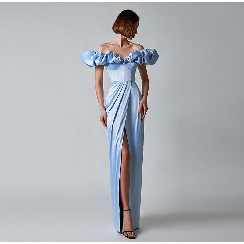 One-Shoulder Puff Sleeve Wrap Chest Slit Long Dress Mssaz Desses