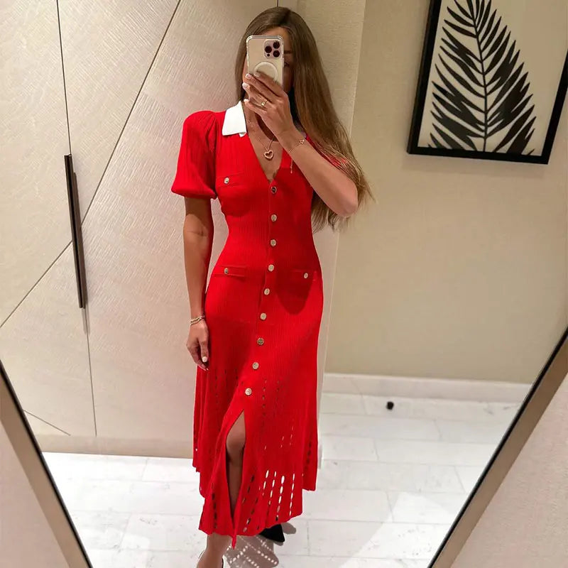 Ribbed Contrast Collar Short Sleeve Buttoned Midi Dress Mssaz Desses