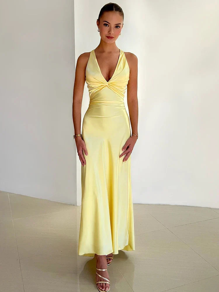 Satin V-neck Back Strappy Bow Maxi Dress Mssaz Desses