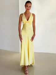 Satin V-neck Back Strappy Bow Maxi Dress Mssaz Desses