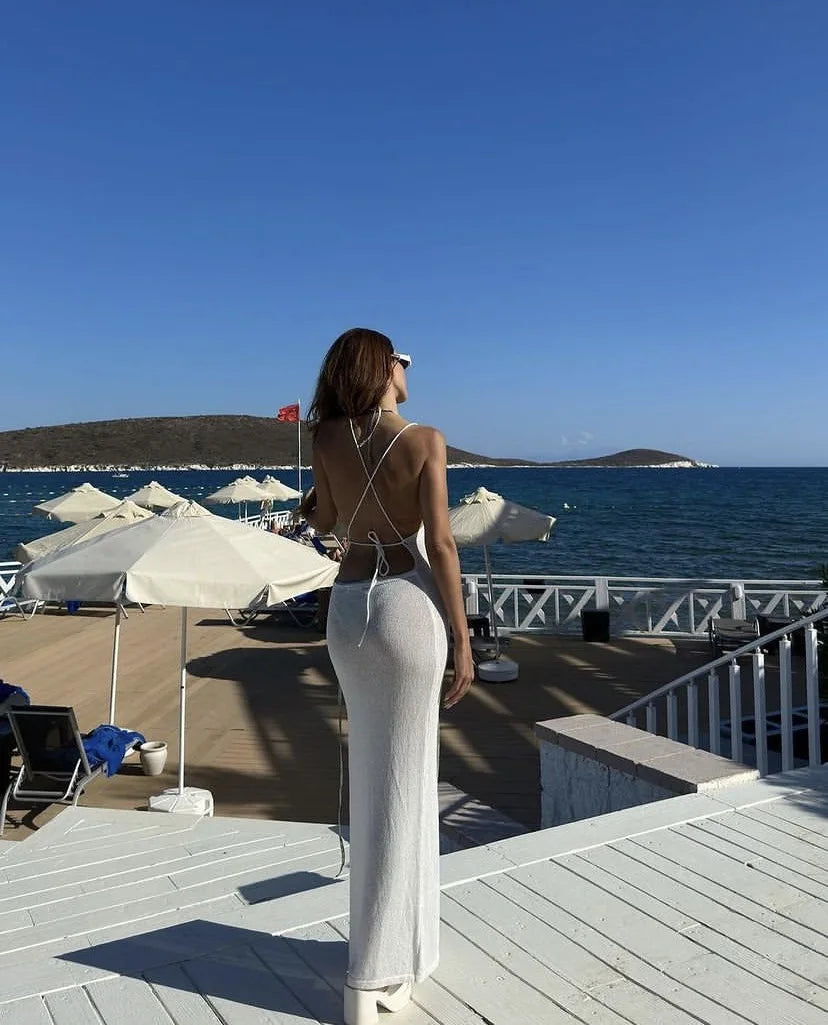 Knitted Cover Up Slit Bodycon Halter Neck Long Dress Mssaz Desses