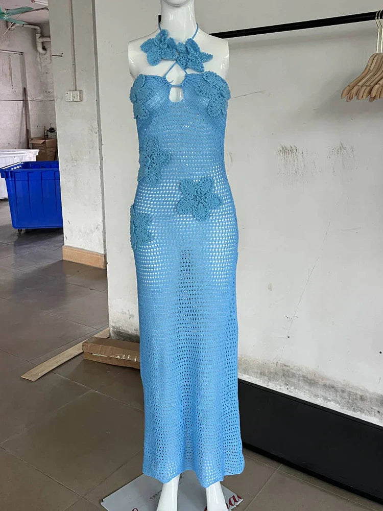 Knit Crochet Flower Applique Halter Maxi Dress Mssaz Desses