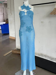 Knit Crochet Flower Applique Halter Maxi Dress Mssaz Desses