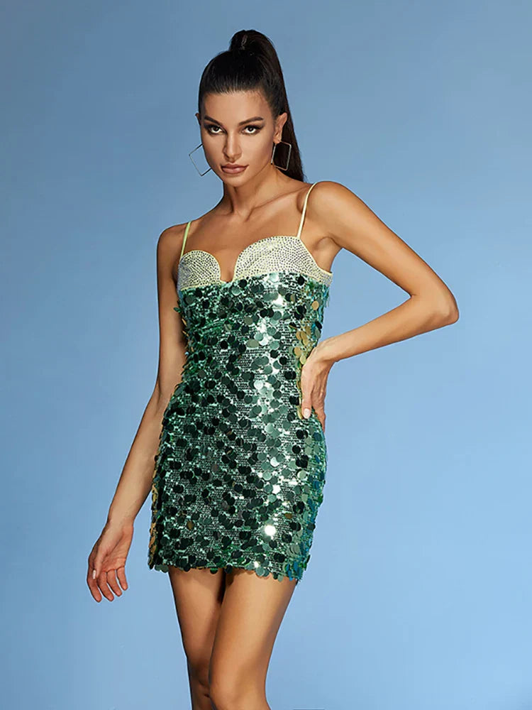 Spaghetti Strap Diamonds Patchwork Mini Dress Mssaz Desses