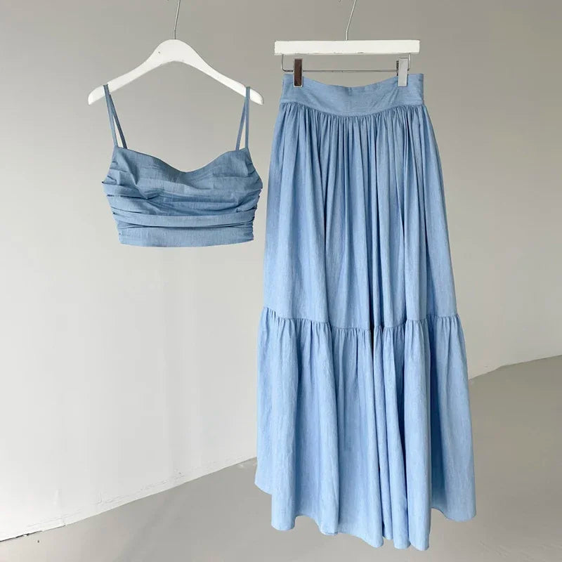 Denim Camisole Top Large Swing Long Skirt Suit Mssaz Desses